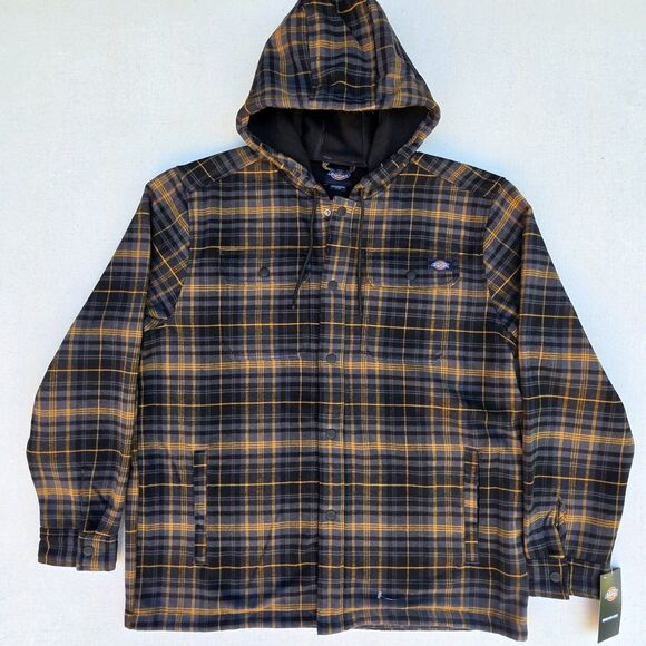 DICKIES Flannel Coat Mens Grunge Hooded Thick Grey Blk Yellow Plaid Mens XL - Picture 1 of 10